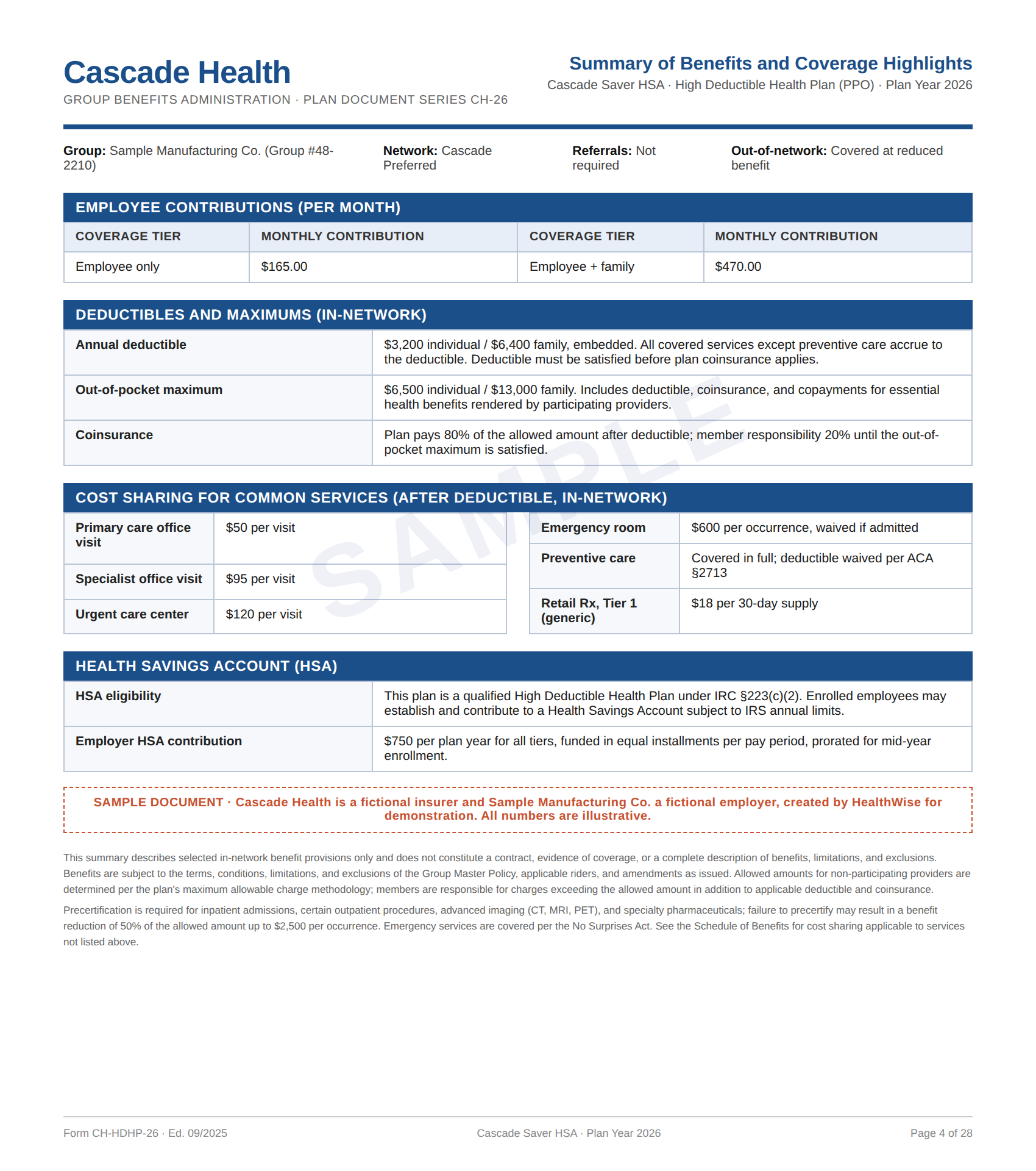 A sample insurer benefits summary page for the fictional Cascade Saver HSA plan, dense with tables and fine print